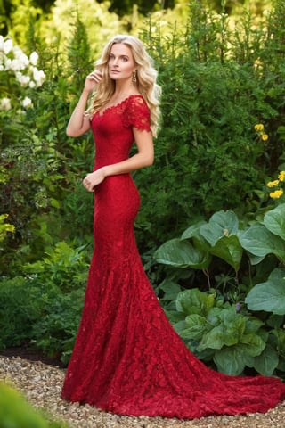 Woman, blond, beautyfull face, red long dress, golden lace, full_body, garden, Masterpiece