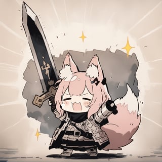 cute knight, 1girl, weapon, sword, :3, holding sword, closed eyes, jacket armor, animal ear fluff, tail, =_=, facing viewer, closed mouth, belt, fox ears,  howl, arms up, emphasis lines, sparkle, chibi, 
masterpiece, best quality, aesthetic