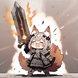 cute knight, 1girl, weapon, sword, :3, holding sword, closed eyes, open clothes, jacket armor, open jacket, solo, flaming weapon, animal ear fluff, tail, =_=, facing viewer, closed mouth, belt, fox ears,  howl, arms up, manga style effects, emphasis lines, 
masterpiece, best quality, aesthetic