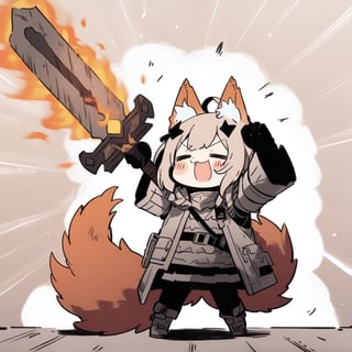 cute knight, 1girl, weapon, sword, :3, holding sword, closed eyes, open clothes, jacket armor, open jacket, solo, flaming weapon, animal ear fluff, tail, =_=, facing viewer, closed mouth, belt, fox ears,  howl, arms up, manga style effects, emphasis lines, 
masterpiece, best quality, aesthetic