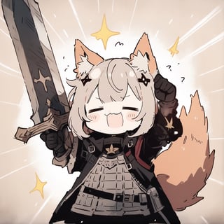 cute knight, 1girl, weapon, sword, :3, holding sword, closed eyes, jacket armor, animal ear fluff, tail, =_=, facing viewer, closed mouth, belt, fox ears,  howl, arms up, emphasis lines, sparkle, 
masterpiece, best quality, aesthetic