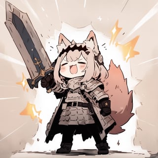 cute knight, 1girl, weapon, sword, :3, holding sword, closed eyes, jacket armor, animal ear fluff, tail, =_=, facing viewer, closed mouth, belt, fox ears,  howl, arms up, emphasis lines, sparkle, chibi, 
masterpiece, best quality, aesthetic