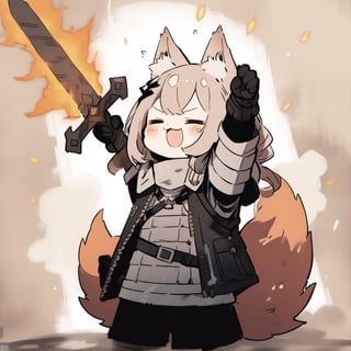 cute knight, 1girl, weapon, sword, :3, holding sword, closed eyes, open clothes, jacket armor, open jacket, solo, flaming weapon, animal ear fluff, tail, =_=, facing viewer, closed mouth, belt, fox ears,  howl, arms up, masterpiece, best quality, aesthetic