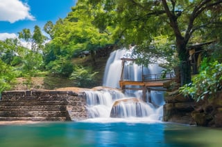 Concepart, scenry, water, sky,day, tree, cloud, waterfall, outdoors, building, nature, blue sky, 