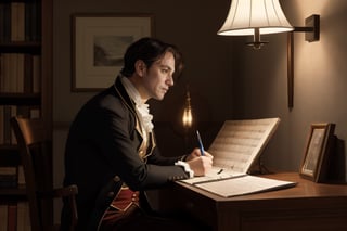 8K highest quality picture , A composer in his 40s, dressed in 1800 attire, is sitting in his study, drawing scores with a pen. Side view, wall sconces. Side view, zoom in, wall sconces,Elderly