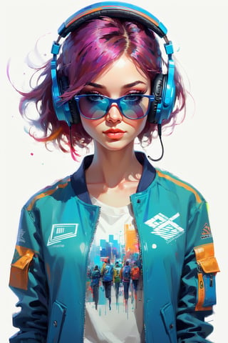 Perfect centering, Cute woman 35 years old, Wear a student team jacket, Wearing sunglasses, Wearing headphones, cheerfulness, Standing position, Abstract beauty, Centered, Looking at the camera, Facing the camera, Approaching perfection, Dynamic, Highly detailed, Smooth, Sharp Focus, 8K, hight resolution, Illustration, art by carne griffiths and wadim kashin, White background