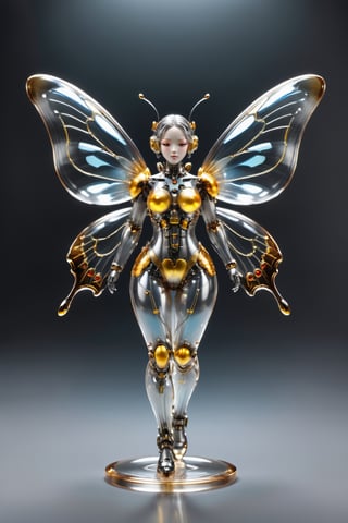 CHERRYBLOSSOM,Transparent Cyborg Greyish-Bywing,Glass mechanical cute butterfly about 7 inches long,(bright plumage),the wings have a reddish-golden tint,the area between the wings is lemon,black hairs on the legs,okeh,,Sorayama style,transparent glass skin