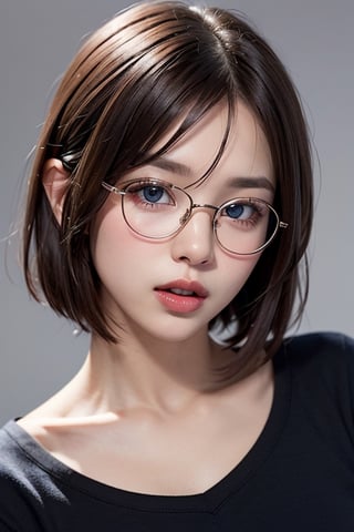 glasses, 1girl, solo, short_hair, shirt, white_shirt, blue_eyes, looking_at_viewer, bangs, brown_hair, collarbone, hair_between_eyes, upper_body, black-framed_eyewear, open_mouth, red_hair, parted_lips, (Style-Winter:0.4),
,mai