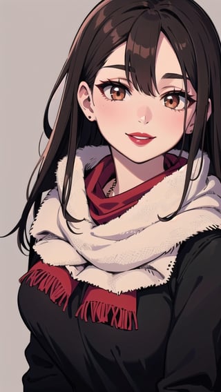 brown_hair, long_hair, scarf, black_clothes, red_lips, red_lipstick, brown_eyes, smile, medium_breast, necklace, red_scarf, black_coat, brunette, brown_skin, ASU1,Torudaya style