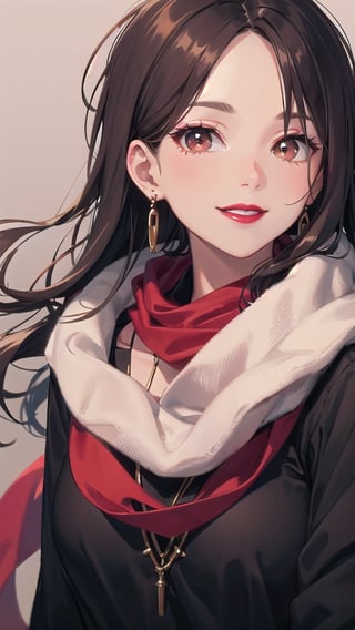 brown_hair, long_hair, scarf, black_clothes, red_lips, red_lipstick, brown_eyes, smile, medium_breast, necklace, red_scarf, black_coat, brunette, light_brown_skin