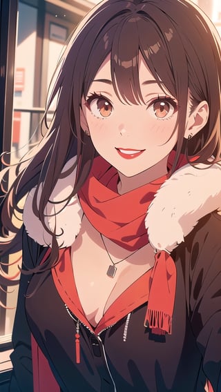 brown_hair, long_hair, scarf, black_clothes, red_lips, red_lipstick, brown_eyes, smile, medium_breast, necklace, red_scarf, black_coat, brunette, light_brown_skin,ASU1