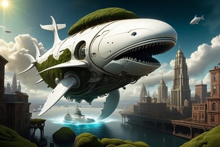 cute giant white robot whale with moss growing on it, floating cloud clear sky, building,futuristic  city view, amazing, glowing, fantasy, something that even doesn't exist, mythical being, sf, intricate artwork masterpiece, ominous, matte painting movie poster, golden ratio, trending on cgsociety, intricate, epic, trending on artstation, by artgerm, h. r. giger and beksinski, highly detailed, vibrant, production cinematic character render, ultra high quality model