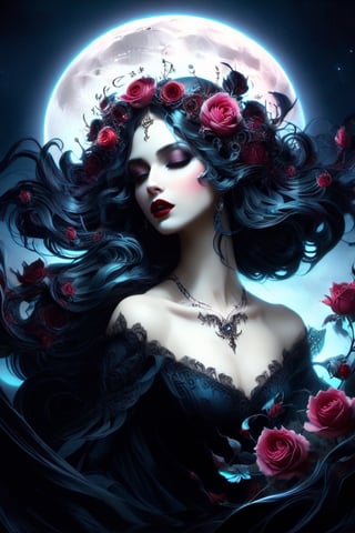 Gothic fairytale, paint flow, elegant, haloed by the moon, roses, swirling lines, abstraction, conceptual, realistic face, beautiful, Decora_SWstyle,DarkSynth, bright full moon,more