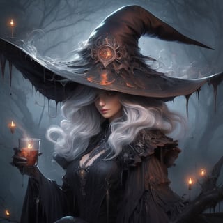 a witch brewing a potion in a alchemy lab!!!, wearing an inkycapwitchyhat with a dripping brim!! Prominent mushroom-style-gills under the brim, sharp focus,Decora_SWstyle, gilled-brim, extra wide hat brim, lace detailed sexy dress, holding a smoking potion bottle, stylized smoke, magical glow in mystical fog, herbs hanging to dry, colorful bioluminescence potion bottles carefully arranged on a shelf, scrolls books and knick-knacks, owl perched over the top shelf, mystical mood, atmospheric perspective, soft cinematic light, sharp focus, intricate and complex masterpiece, cgsociety and artstation award-winning concept art style