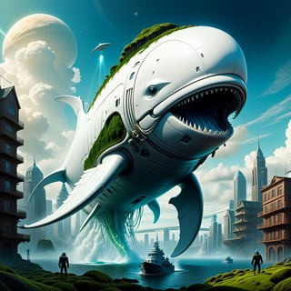 cute giant white robot whale with moss growing on it, floating cloud clear sky, building,futuristic  city view, amazing, glowing, fantasy, something that even doesn't exist, mythical being, sf, intricate artwork masterpiece, ominous, matte painting movie poster, golden ratio, trending on cgsociety, intricate, epic, trending on artstation, by artgerm, h. r. giger and beksinski, highly detailed, vibrant, production cinematic character render, ultra high quality model