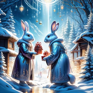 (masterpiece), Winter style, Rabbits exchanging gifts in a snowy wonderland, illumination background, reflections, sparkling, christmas scene, beautiful digital illustration by yoshitaka amano, dan mumford, Nicolas delort, jeff koons, photorealism, crisp, UHD, fantasy, gorgeous linework, a complex and intricate masterpiece, cel-shaded, clean and sharp