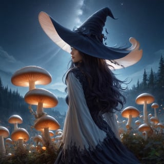 A beautiful witch stagazing on a hill at night, black hair, dreamy epic starry sky, Wearing a inkycapwitchyhat made from a single coprinus comatus mushroom cap, textured, painting,Decora_SWstyle,photo_b00ster