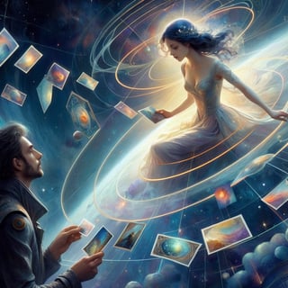 A man orbiting a woman in space, he is looking at her and she is looking away, holding postcards in her hand. The image is inspired by the works of anna dittmann, Yoann Lossel, Iren Horrors, Abigail Larson, and Henri Fantin-Latour. The style is space fantasy, with beautiful ethereal mathematical phosphorescent fluorescent transcendental elements. The technique is mixed media, with a textured painting effect,art_booster,Decora_SWstyle,photo r3al,real_booster