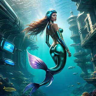 Robot mermaid, the mermaid is a sci-fi creature that is a result of genetic engineering and cybernetics. The mermaid has a metallic and sleek body, a fin and a sleek mechanical tail, and a helmet and a visor. The scene reveals the mermaid swimming in a futuristic underwater city, while communicating with a hologram.