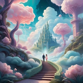 Pastel color palette, bathed in dreamy soft pastel hues || Bold illustration, digital artwork of a couple walking hand in hand in a cloud maze. background with swirling lines and decorative elements. Storybook illustration inspired, charlie bowater and Gediminas Pranckevicius and victo ngai, surreal fantasy illustration, realistic proportions, complex composition, linework, decorative elements, vector painting, highly detailed, digital illustration, artstation, beautiful, wholesome, nostalgia, high quality, cotton-candy-colors || impossible dream, pastelpunk aesthetic fantasycore art, beautiful soft pastel colors
