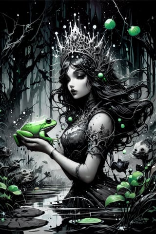 1colorpop, 1girl cyberpunk princess holding a small green frog in her hands, lilly pond in a haunted forest, energetic fine lines, ink sketch, white paint dots, highly detailed background setting, impactful upward movement, dark fairytale mood, added detail, added lines, lots of movement, SelectiveColorStyle,ink ,darkart,sharpfocus, raw photograph, spot color retouched,d1p5comp_style
