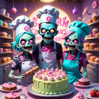 Pastel, a couple of adorable bakery zombies that are standing in front of a cake, mobile game background, cookbook photo, the artist has used bright, lich, fortnite skin, chef hat, adorable horrorcore cartoon, official art, dead and alive, cook, 2. 5 d illustration, pastel poster art by Martina Krupičková, ESAO, Chris LaBrooy, Ron English, Jean-Pierre Norblin de La Gourdaine, shock art, pop surrealism, fantasy art, lowbrow, artstation, behance contest winner, featured on deviantart, cake art, baking artwork, amazing illustration, game promo art
