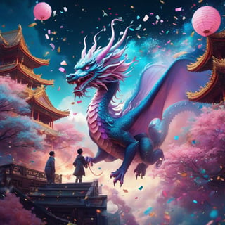 in dreamy soft hues, aesthetic fantasycore art, "cute adorable confetti cloud chinese-dragon, confetti falling" fairytale concept art, by Alberto Seveso, Cyril Rolando, Dan Mumford, Carne Griffiths, constellation, eldritch, 3D, line art, starry background, dreaminess, digital surrealism illustration, lowbrow art movement, exquisite illustration, hauntingly beautiful art, amazing movement, perfect flowing composition, leading lines, illusions, reflections, subsurface scattering Meaningful Visual Art, Detailed Strange Painting, Digital Illustration, Unreal Engine 5, 32k maximalist, hyperdetailed fantasy art, 3d digital art, sharp focus, masterpiece, fine art, impossible dream