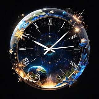 Glass clock, Beautiful origami earth inside a new years eve countdown clock, countdown to fireworks, floating in outer space, black background with stars and planets, by Simon Dewey and Awwchang and CGSociety and Carne Griffiths and James Christensen, fun background, Lou Xaz
