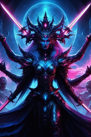 1girl, perfect face, Dark synth war deity, deified queen, empress, many arms, holding magic, holding swords, army of the dead behind her, epic, digital illustration painting, perfect composition, blue and pink horrorcore scifi synth art painting,more detail XL