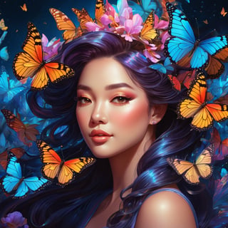 ((Showcase ever-shifting, lustrous hues that dance across surfaces, capturing the enchantment and magic of iridescent textures)), a painting of a woman with butterflies in her hair, digital art, inspired by WLOP, digital art, martin ansin, 8k resolution digital painting, detailed painting 4 k, nft art, digital art of an elegant, cute detailed digital art, trending on artstration, lei min, butterfly, illustrated d1p5comp_style