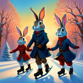 "Adorable rabbit family ice skating together on christmas day!!", art by Marc simonetti & James jean & anna dittman & bill sienkiewicz, Gil elvgren & wlop, surreal, surrealism, imaginative, fluid movement, cinematic scene :: fantasycore, Hyperrealistic, splash art, concept art, mid shot, intricately detailed, color depth, dramatic, side light, colorful background, intricate details, HDR, beautifully shot