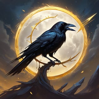 impactful and captivating tarot art painting of a crow hit by a golden arrow falling from the sky in front of a halo-like full moon shape. Gold and black metal. Concept art with rough texture and 2D abstraction inspired by styles like Anato Finnstark, Casper Konefal, Godmachine, and Olly Moss. Inspired by tarot art, Artstation, sots art, Valentina Remenar, Benjamin Vnuk, album artwork, artbook artwork. Influenced by Beth Cavener, Glen Keane, and Charlie Bowater, CGSociety. Beautiful dark fantasy horror. Detailed digital illustration, character design.