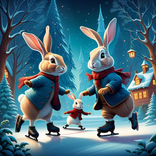 Family of cute Rabbits ice skating on christmas, Bold kirigami illustration, charlie bowater and Gediminas Pranckevicius and victo ngai, ryohei hase and james jean, dan mumford, nicolas delort, gorgeous linework, surreal fantasy illustration, realistic proportions, complex composition, decorative elements, abstract elements, vector painting, highly detailed, digital illustration, artstation, beautiful, wholesome, nostalgia, high quality, deep color, crisp and clear, 2d cute, 4d animation keyframe, movement painting