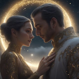 Close up of a woman and a man meeting on a mysterious moonlit night,  mystic_fog,  falling gold dust,  photorealistic,  concept art,  8k uhd wallpaper,  octane render,  luminous,  lushill,  shiny aura : highly detailed : intricate motifs : organic tracery : perfect composition : digital painting : artstation : smooth : sharp focus : sparkling particles