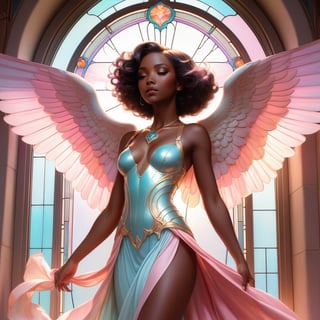 Pastel color palette, bathed in dreamy soft pastel hues || pastelcore, a woman that is standing in front of a window, jc leyendecker and sachin teng, inspired by Victor Mosquera, pixiv contest winner, art nouveau, as a mystical valkyrie, warm color gradient, [ tarot card ]!!!!!, towering above a small person, stained glass wings, pink smoke, angels protecting a praying man, dark skin female goddess of love, air is being pushed around him, beautiful opened wings, moebius + artgerm, color manga panel, whimsical || impossible dream, pastelpunk aesthetic fantasycore art, beautiful soft pastel colors