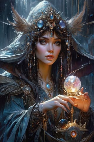 Sorceress with crystal staff, iron glove, and magical crystal robes, realistic face, close-up, dark fantasy, intricate details, rain, hyper detailed, Jean Baptiste Monge, Carne Griffiths, Michael Garmash, seb mckinnon
