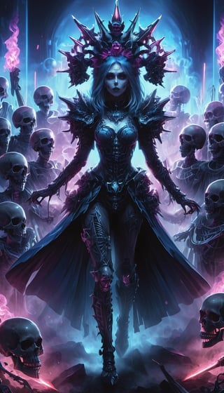1girl, looking upwards, marching before an army of skeletons, full body pose, thigh highs, walking over bones and embers, blue pink darksynth, skull crown, armored, glowing eyes, approaching perfection