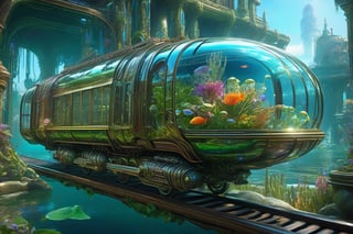Underwater Intricate_floating_glass_train, see through train, crystal train, floating underwarer in a cybercore city by Giger, filled with bubbles and a garden, breathtaking borderland cybercore artwork. maximalist highly detailed and intricate professional_photography, a masterpiece, 8k resolution concept art, by Josephine Wall and Amanda Sage, Artstation, triadic colors, Unreal Engine 5, cgsociety