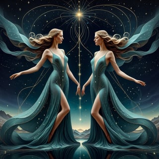 A constellation, eldritch gemini, twin goddess, 3D, line art, starry background, dreaminess, digital surrealism illustration, lowbrow art movement, exquisite illustration, hauntingly beautiful art, amazing movement, perfect flowing composition, leading lines, illusions, reflections, subsurface scattering,d1p5comp_style