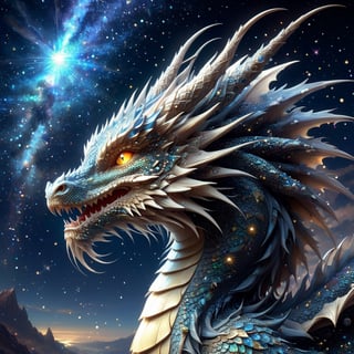 dragon made of star dust, starry dragon, luminescent glowing stars, reflective eyes, night, luminescent stars, anime, reflective, gorgeous eyes, hyper detailed eyes, 3d, deviantart, a masterpiece, deep depth of field, Craig Mullins, perfect composition, intricate motifs, Edwin Landseer,DragonConfetti2024_XL