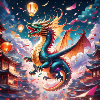 "A chinesedragon dissolving into confetti as it flies high over the city", confetti dragon, emphasize the beautiful winding movement of the flying dragon, above clouds and floating lanterns, falling glitter, new years, beautiful and ethereal, surrealism digital illustration, gorgeous linework, fluid movement 