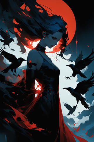 a woman standing in front of a full moon, digital art, Artstation, gothic art, crows as a symbol of death, artgerm and james jean, metal album cover art, 2d art cover, avatar image, joshua middleton comic art, light red and deep blue mood, beautiful depiction,anx13ty_style,twisted_thoughts,ct-niji2,rebsonya