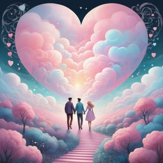 Heart-Shaped canvas ready to print graphic design, Pastel color palette, bathed in dreamy soft pastel hues || Bold illustration, digital artwork of a couple walking hand in hand in a cloud maze. background with swirling lines and decorative elements. Storybook illustration inspired, charlie bowater and Gediminas Pranckevicius and victo ngai, surreal fantasy illustration, realistic proportions, complex composition, linework, decorative elements, vector painting, highly detailed, digital illustration, artstation, beautiful, wholesome, nostalgia, high quality, cotton-candy-colors || impossible dream, pastelpunk aesthetic fantasycore art, beautiful soft pastel colors