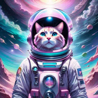 Pastel palette, bathed in dreamy soft pastel hues,  pastelpunk aesthetic fantasycore art, three beautiful cats wearing pink spaceman gear, riding in spaceship, reference to Apollo 11, innocent, drifting, discovering, beautiful and pastel colours stars river background, photorealistic anime visual, dramatic lighting, contrast lighting, joel rea, slawomir maniak and ross tran, erik jones, pastel impossible dream