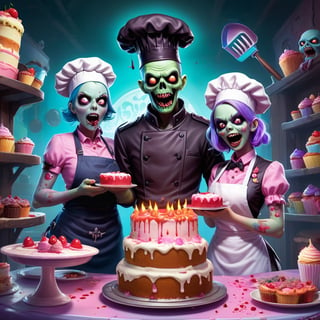 Pastel, a couple of zombies that are standing in front of a cake, mobile game background, cookbook photo, the artist has used bright, lich, fortnite skin, chef hat, adorable horrorcore cartoon, official art, dead and alive, cook, 2. 5 d illustration, pastel poster art by Martina Krupičková, ESAO, Chris LaBrooy, Ron English, Jean-Pierre Norblin de La Gourdaine, shock art, pop surrealism, fantasy art, lowbrow, artstation, behance contest winner, featured on deviantart, cake art, baking artwork, amazing illustration, game promo art
