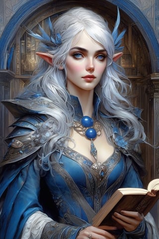 Wealthy female elf patron with white hair wearing blue and grey leathers, striking looks, silver intelligent eyes, portrait, mediaeval library, dark fantasy, intricate details, hyper detailed, Jean Baptiste Monge, Carne Griffiths, Michael Garmash, Seb McKinnon, masterpiece 
