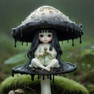 (((a little fairy ghostgirl sitting on top of a shaggy-ink-cap mushroom)), long hair flowing in the wind, fairycore rain moss world, enchanted forest, illuminated cute style, storybook character concept art, soft, magical, surreal, whimsical, breathtaking, beautiful illustration, 2d, "coprinus_comatus with shiny-black-gills and drips", chris riddell, mark ryden, gustave dore, edmund dulac, coprinus_comatus shaggy-ink-cap mushroom