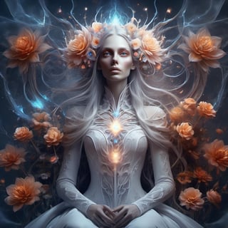 Hypermaximalist, digital illustration, complex composition, intricate, maximalism, BLOOMCORE, a flower android, a woman sitting on top of a bed of flowers, ash thorp, unreal engine: .2, artgerm and patrick demarchelier, kirsty mitchell, pale woman covered with blood, tooth wu : : quixel megascans, promotional image, interconnected human lifeforms, dissolving, fantasy concept art, character design, trending on artstation, cgsociety, photorealistic anime visual, pop surrealism, pale colors, peaceful transcendence, alluring eyes,  ,aesthetic portrait,DonMDj1nnM4g1cXL, whimsical dark ,DonMD3m0nXL 