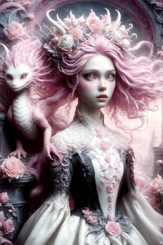 Porcelainwoman with, pink hair with braids, lots of flowers on her head, white skin with heavy makeup extremely ghostly white, scales on her cheekbones, pale psychedelic background, soft, dreamlike, surrealism, intricate details, 3D rendering, octane rendering. Nicoletta Ceccoli style. Decora_SWstyle,PetDragon2024xl