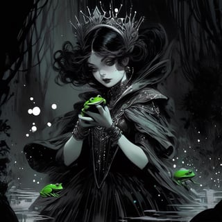 1colorpop, 1girl, cyberpunk princess, holding a small green frog, lilly pond in a haunted forest, energetic fine lines, ink sketch, white paint dots, highly detailed background setting, impactful upward movement, dark fairytale mood, added detail, added lines, lots of movement, SelectiveColorStyle,ink ,darkart,Decora_SWstyle,real_booster, raw photograph, spot color retouched